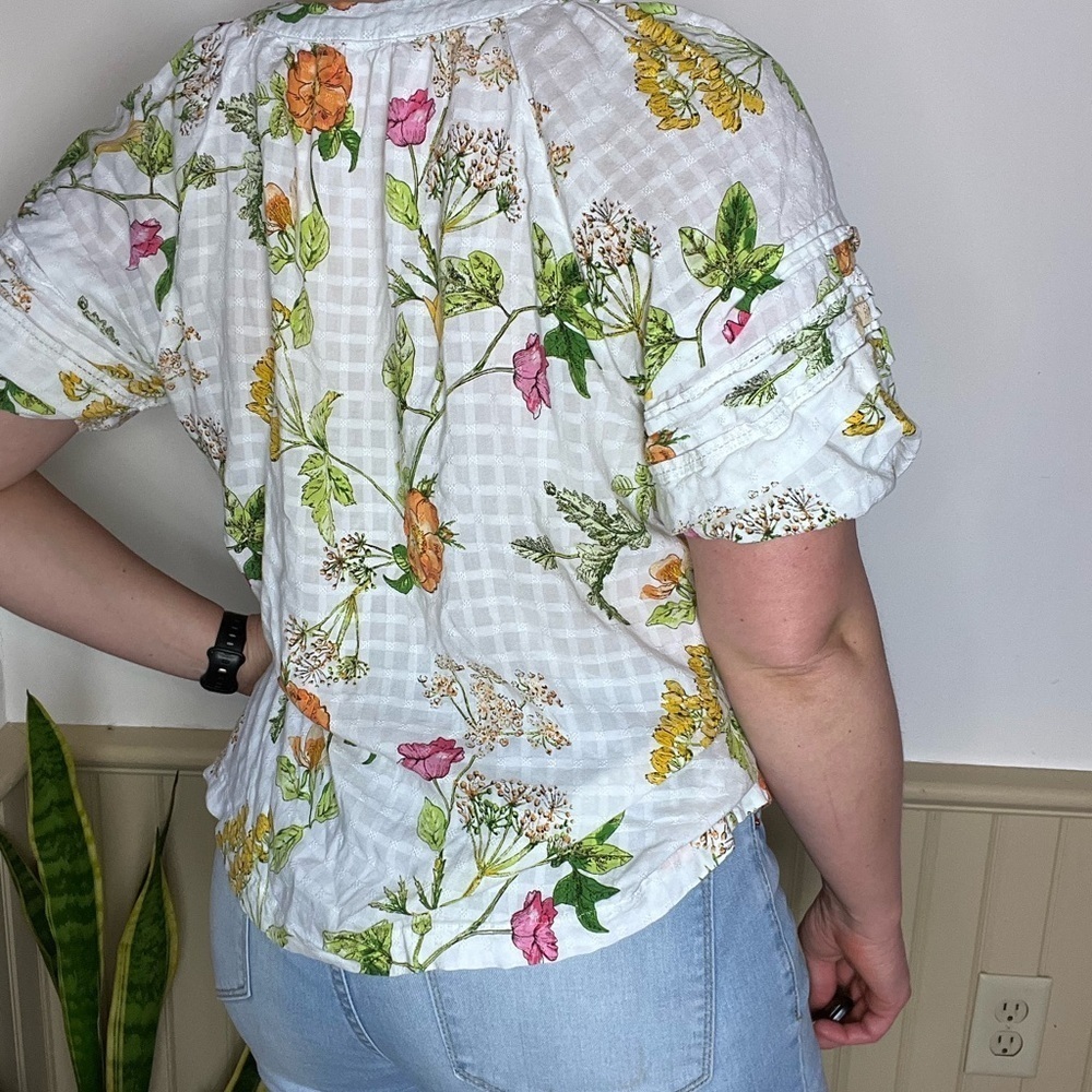 Jane Delancey Floral Puff Sleeve Peasant Blouse Size L Cottagecore Garden Top - Picture 7 of 11